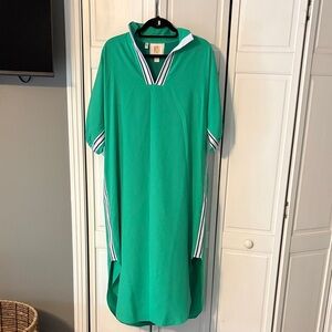 Green V-Neck Midi Dress with Striped Trim